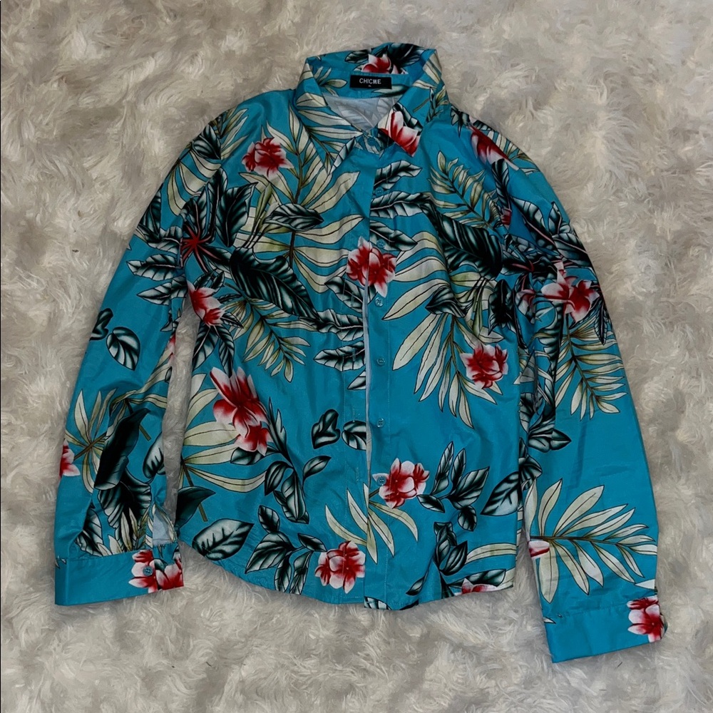 Tropical Floral Button-Down Shirt - Blue